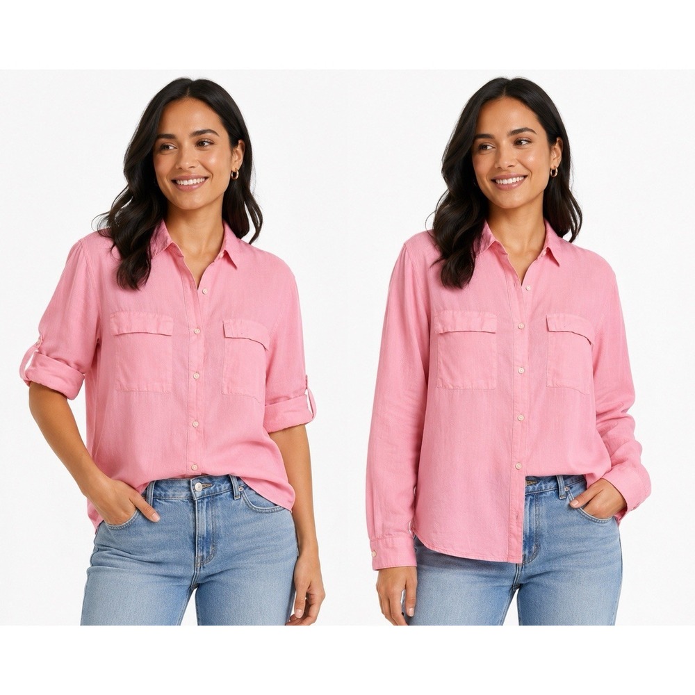 Gap Boyfriend Fit Utility Shirt XL‎ Daisy Pink 100% Cotton Roll Tab Button Up
